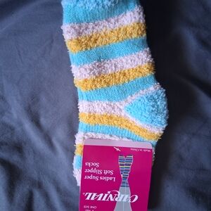 Capri Blue Women's Plush Striped Fuzzy Slipper Socks - Pastel Blue, Yellow, Pink